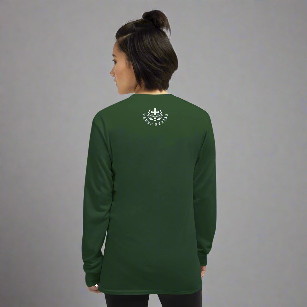 Unisex forest green long sleeve shirt with bible verse Matthew 17:20 Our faith can move mountains