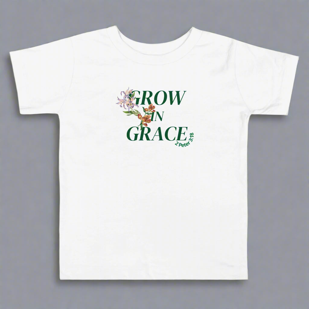 Toddler white t-shirt with bible verse 2 Peter 3:18 Grow in Grace
