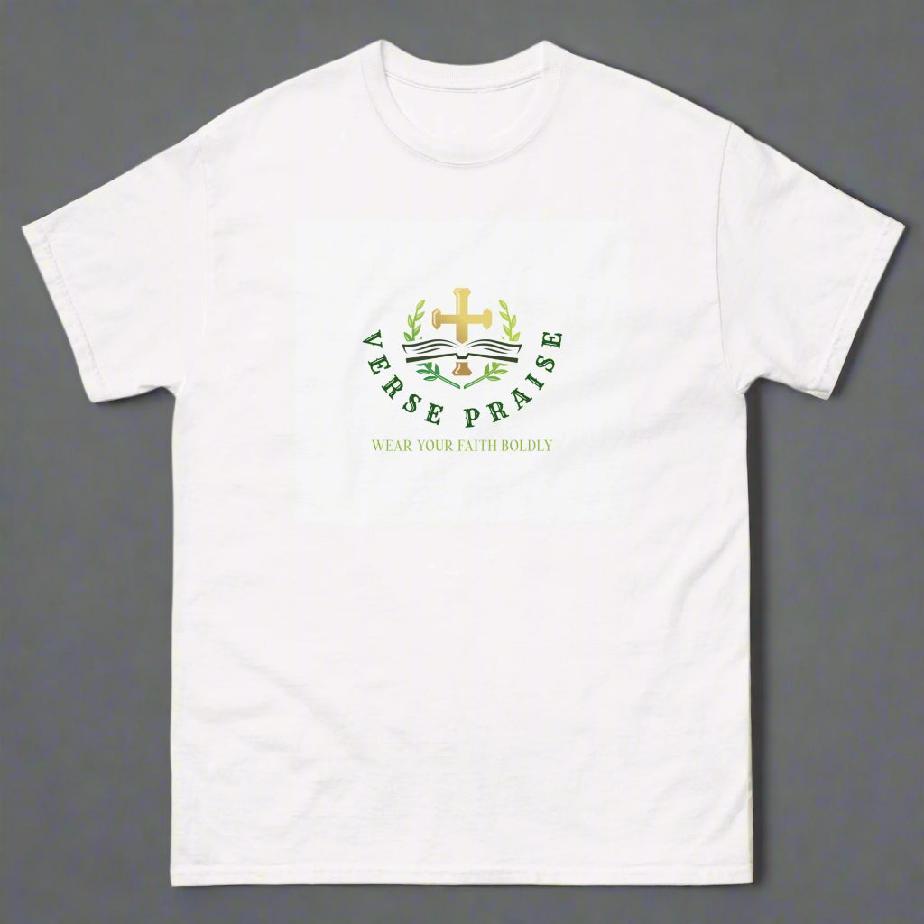 Unisex white short sleeve t-shirt with verse praise logo