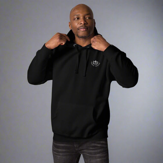 Unisex black hoodies with verse praise logo on the front, Timothy 1:7 on left sleeve, For God gave us a spirit not of fear but of power, love and self control with cross