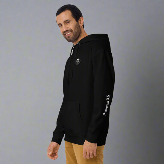 Unisex black hoodie with verse praise logo on the front, Proverbs 3:5 on left sleeve and Trust in the lord with all your heart and lean not onto your own understanding with cross