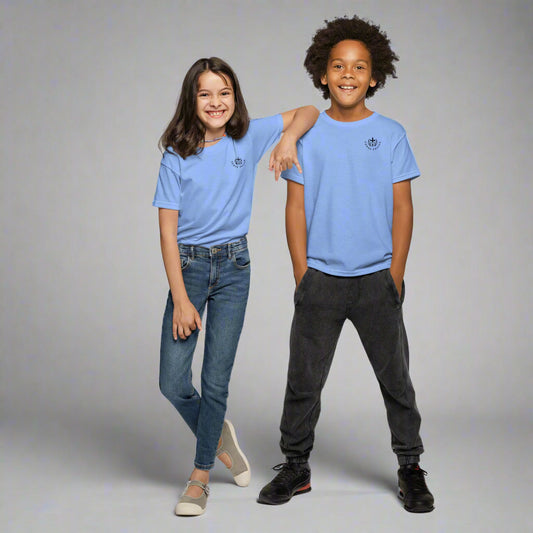 Unisex kids blue short sleeve t-shirt with bible verse Do not be afraid for i am with you Isaiah 43:5