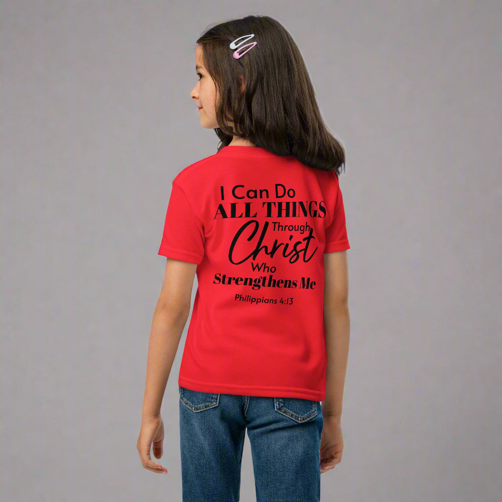 Unisex kids red short sleeve t-shirt with bible verse I can do all things through Christ who strengthens me Philippians 4:13