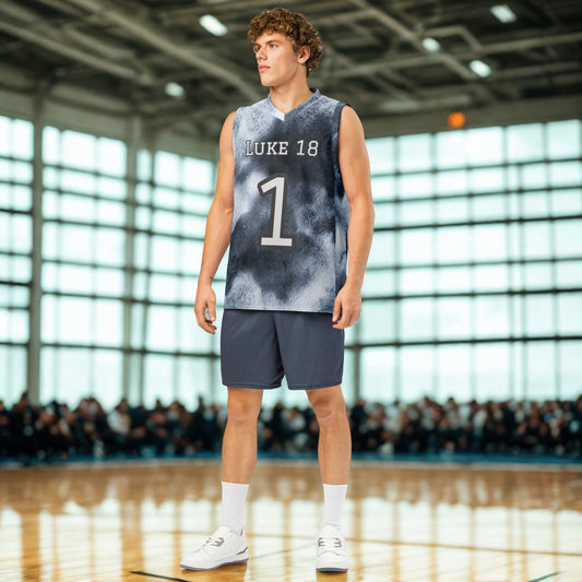 Person wearing a sports jersey with 'LUKE 18' and number '1' on a basketball court.