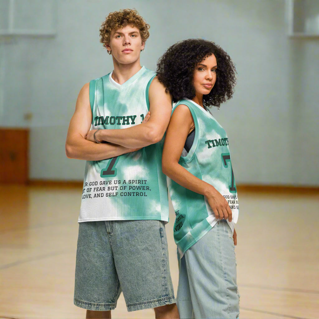 premium basketball jersey white and turquoise with bible verse timothy 1:7 for God gave us a spirit not of fear but of power, love, and self control 