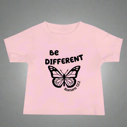 Baby pink short sleeve tshirt with bible verse Romans 12:2 Be different 