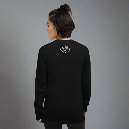 Unisex black long sleeve shirt with bible verse Matthew 17:20 Our faith can move mountains 