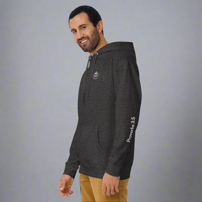 Unisex gray hoodie with verse praise logo on the front, Proverbs 3:5 on left sleeve and Trust in the lord with all your heart and lean not onto your own understanding with cross 