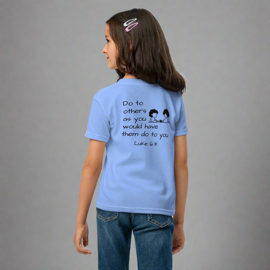 youth short sleeve t-shirt blue with bible verse Luke 6:31 Do to others as you would have them do to you