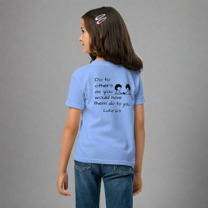 youth short sleeve t-shirt blue with bible verse Luke 6:31 Do to others as you would have them do to you