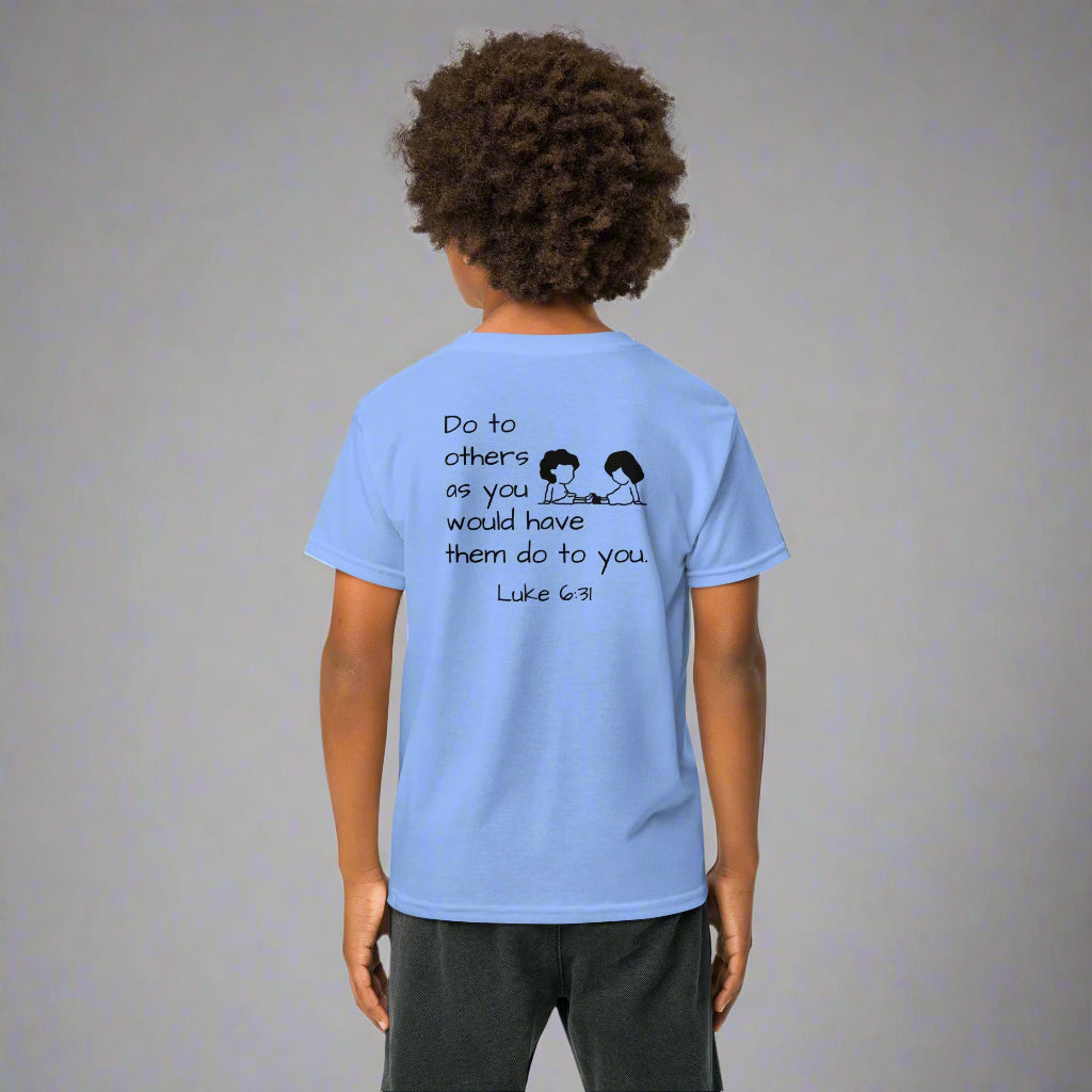 youth short sleeve t-shirt blue with bible verse Luke 6:31 Do to others as you would have them do to you