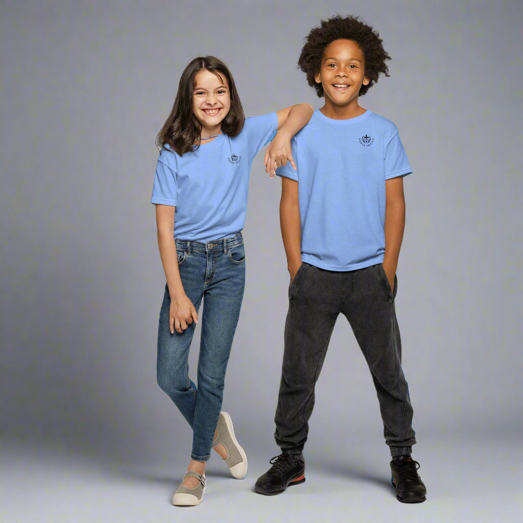 youth short sleeve t-shirt blue with bible verse Luke 6:31 Do to others as you would have them do to you