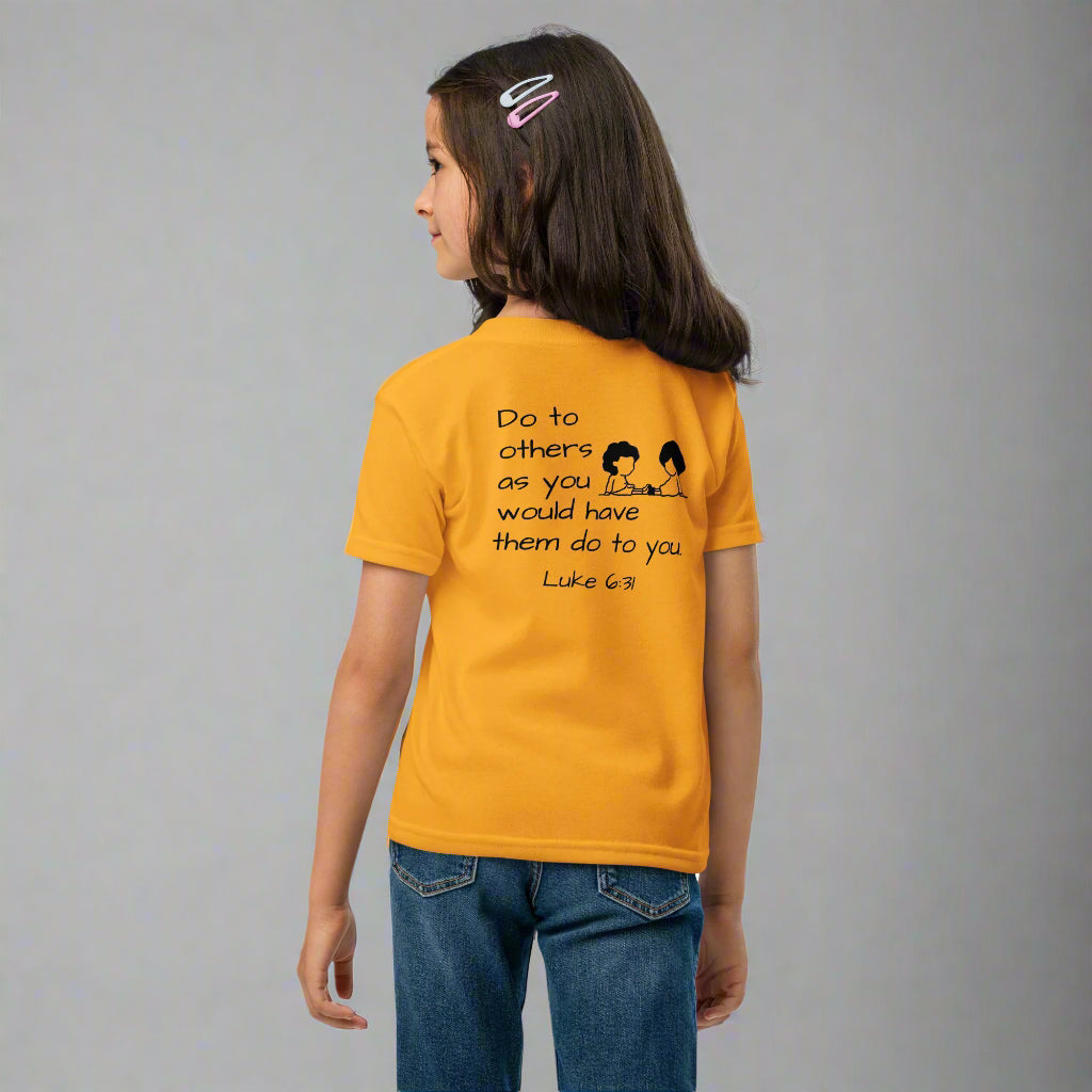 youth short sleeve t-shirt gold with bible verse Luke 6:31 Do to others as you would have them do to you