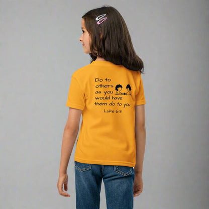 youth short sleeve t-shirt gold with bible verse Luke 6:31 Do to others as you would have them do to you
