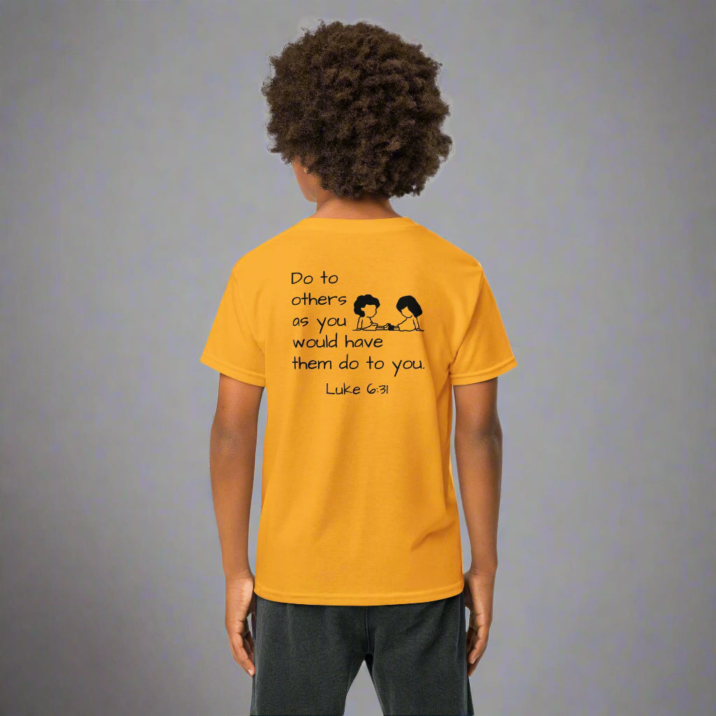 youth short sleeve t-shirt gold with bible verse Luke 6:31 Do to others as you would have them do to you