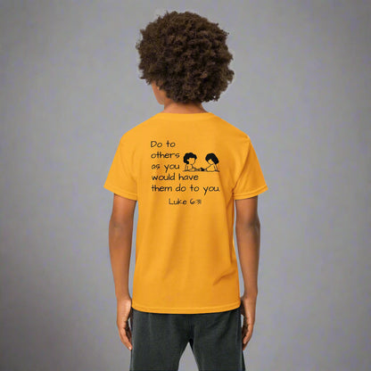youth short sleeve t-shirt gold with bible verse Luke 6:31 Do to others as you would have them do to you
