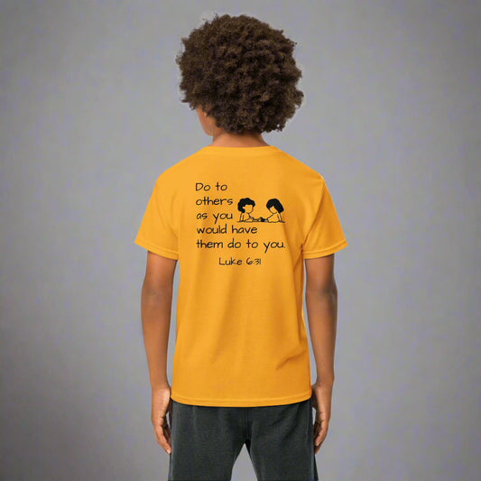 youth short sleeve t-shirt gold with bible verse Luke 6:31 Do to others as you would have them do to you