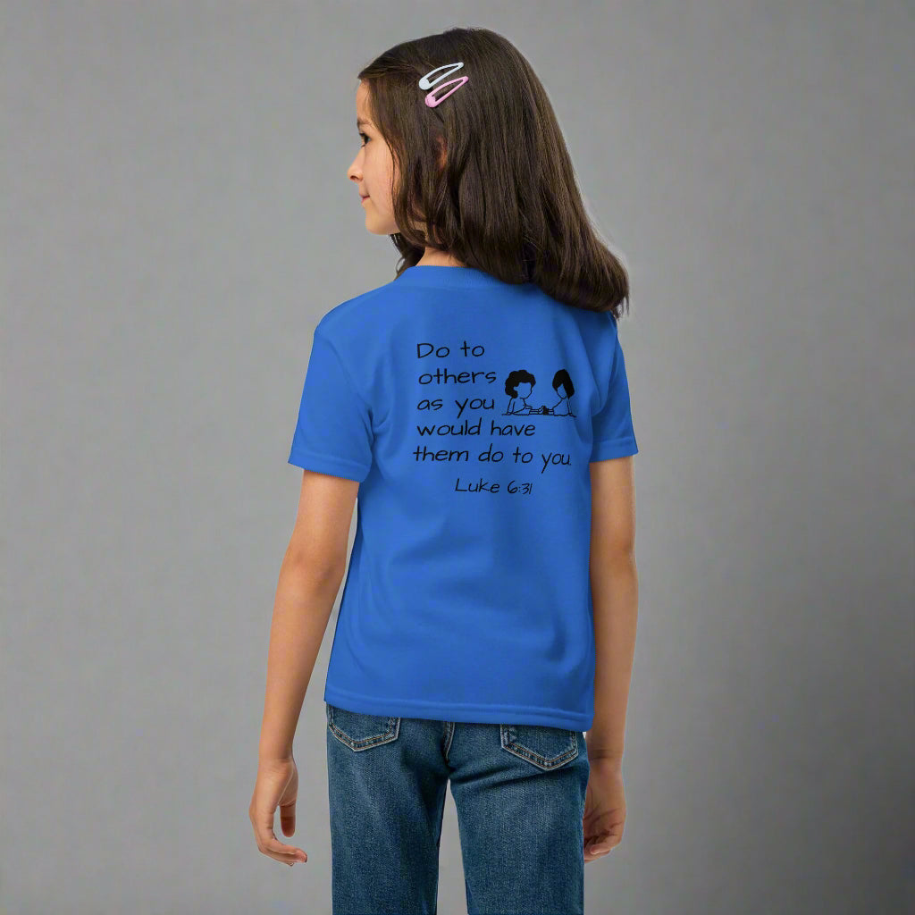 youth short sleeve t-shirt royal with bible verse Luke 6:31 Do to others as you would have them do to you