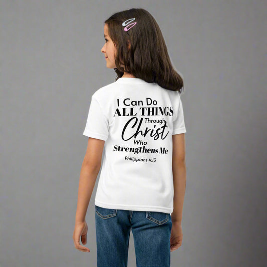 Unisex kids white short sleeve t-shirt with bible verse I can do all things through christ who strengthens me Philippians 4:13